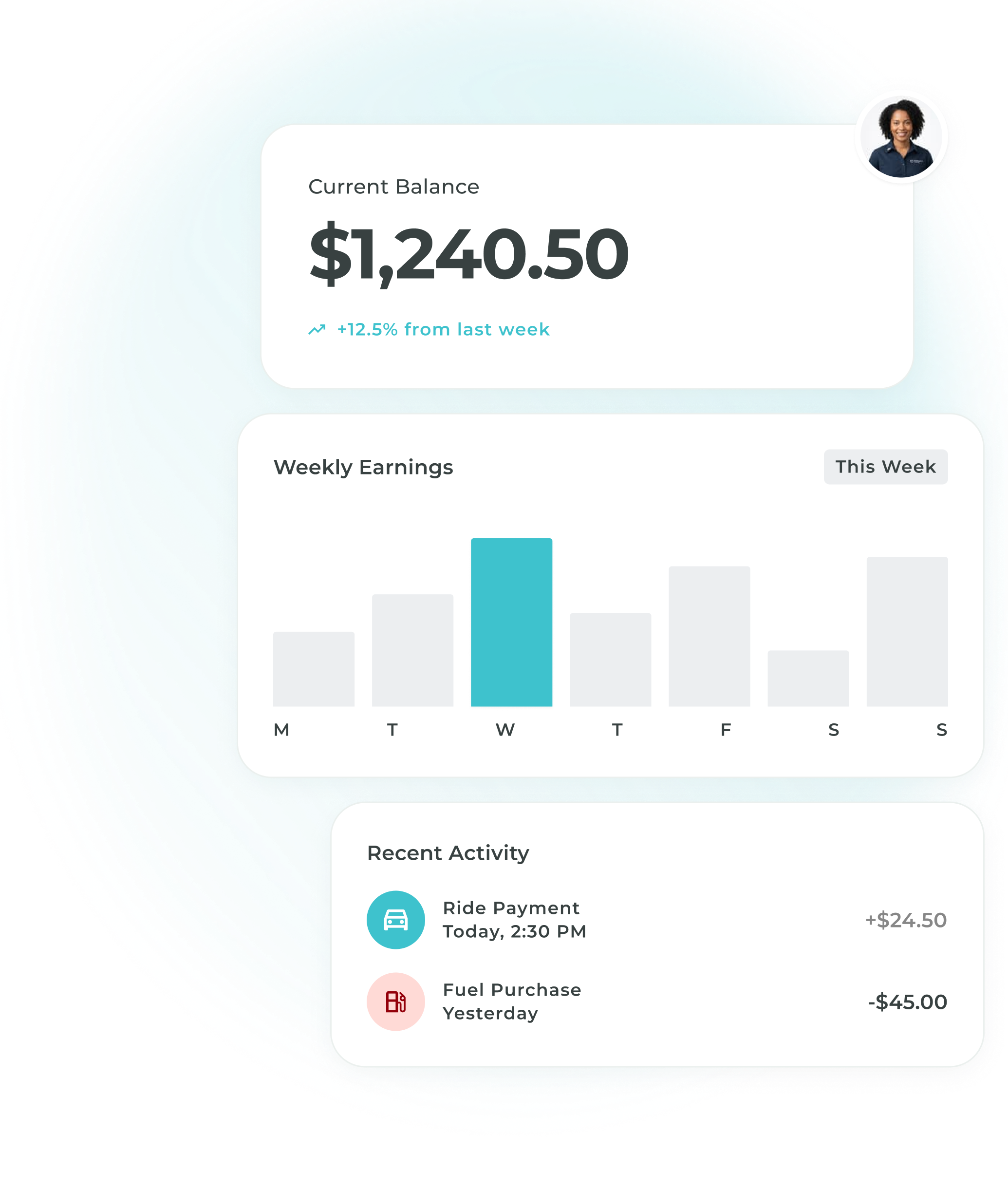 Driver Payment digital wallet — current balance, weekly earnings, and recent activity