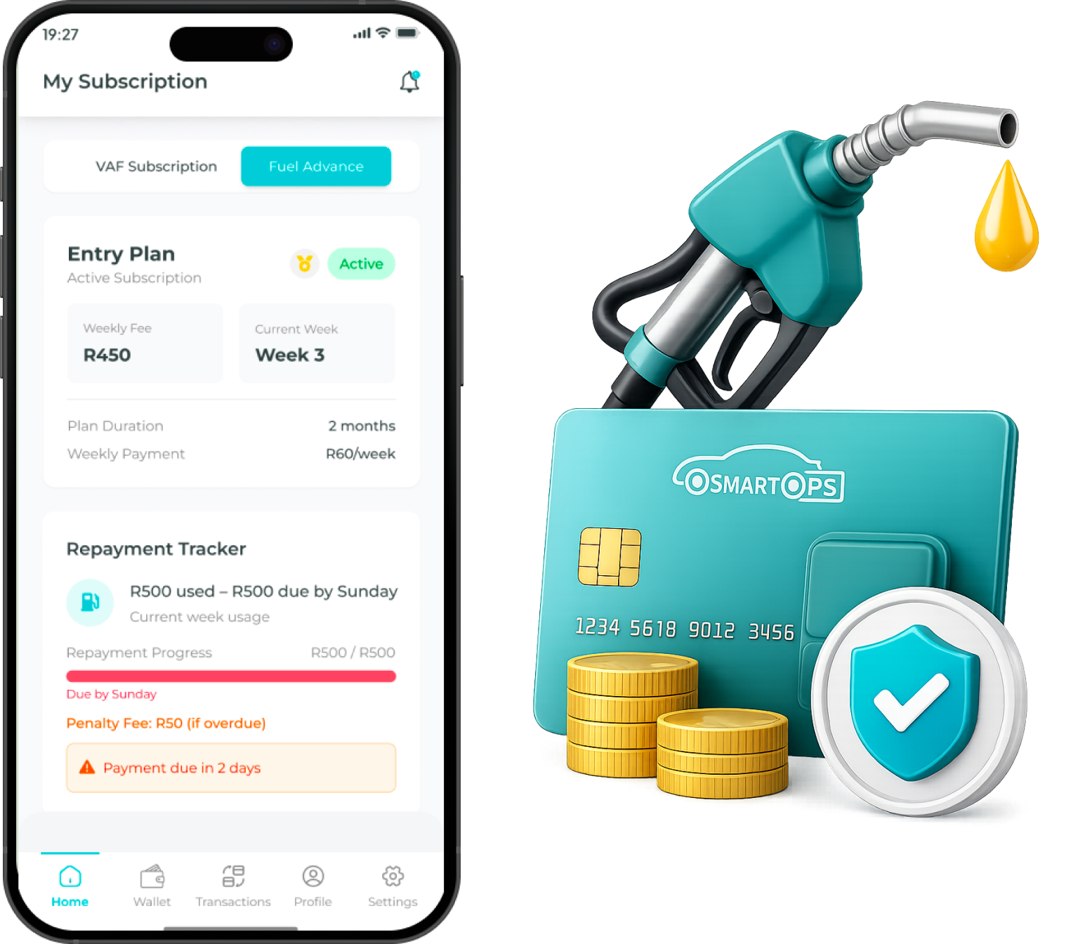 Fuel Advance app with fuel pump, card, and coins