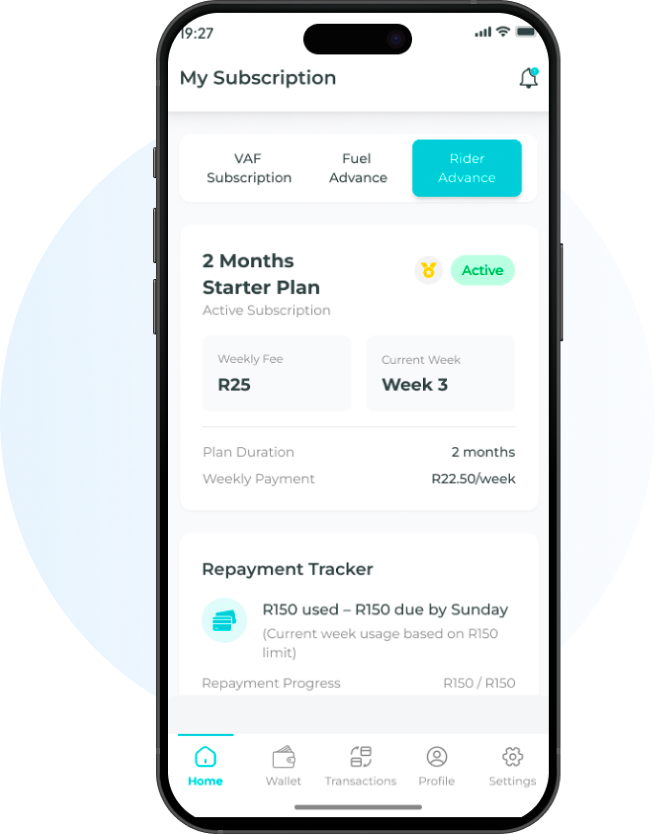 Rider Advance My Subscription app screen